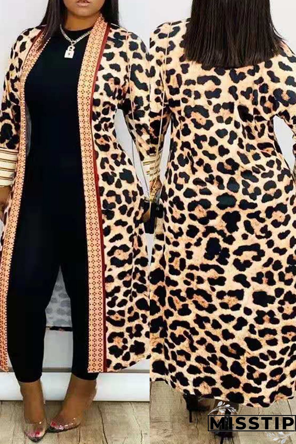 Red Fashion Casual Print Leopard Cardigan Plus Size Overcoat