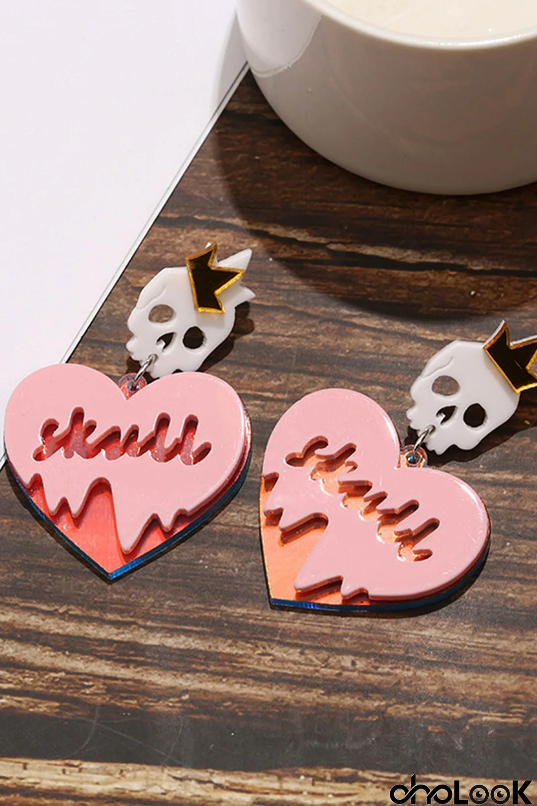 Pink Crown Skull Peach Heart Earrings