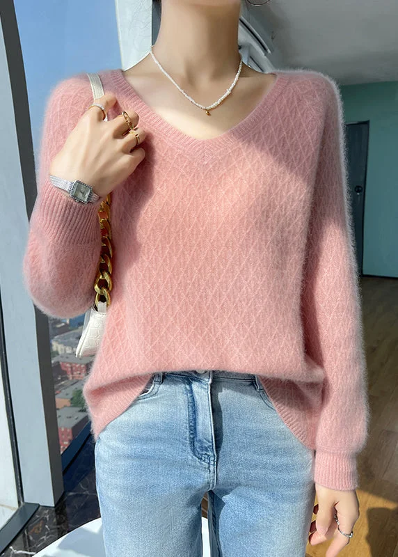 Women Versatile Pink V Neck Knit Sweaters Top Winter
