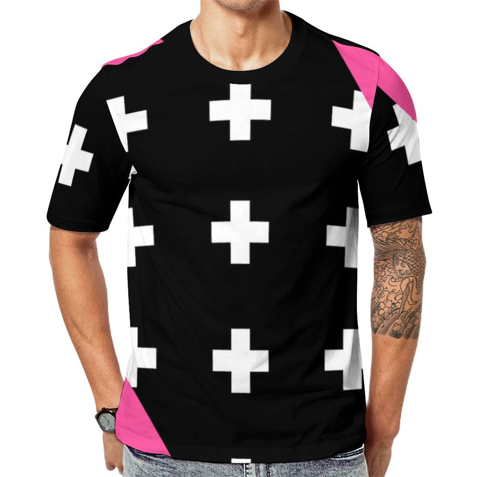 Hot Pink Black And White Swiss Cross Short Sleeve Print Unisex Tshirt Summer Casual Tees for Men and Women Coolcoshirts