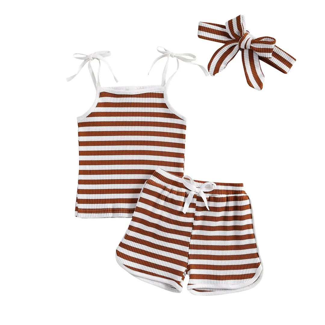 2021 Baby Summer Clothing Baby Girls Boys Ribbed Striped Clothes Set Vest Sleeveless Tops Shirt Shorts Headband 3Pcs Set