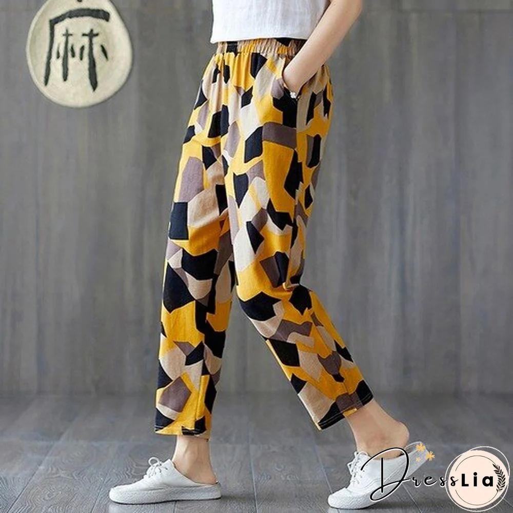 Casual Cotton Linen Pants Women Elastic Waist Vintage Printed Loose Ankle Length Trousers Spring Summer Women'S Harem Pants