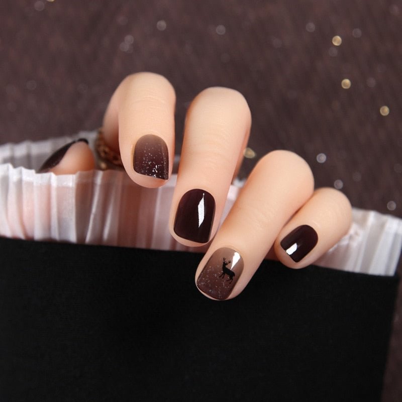 24pcs Semi-transparent Black Elk Students Wearable Fake Nails with Glue High Quality Fashion Nail Finished Products Tool TY