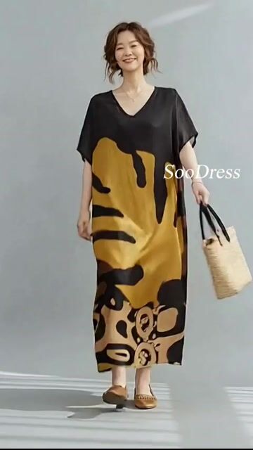 Loose Black V Neck Oversized Leaf Print Chiffon Long Dress Short Sleeve