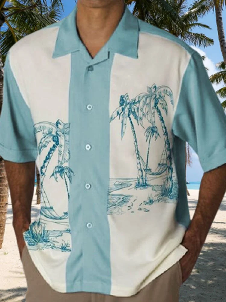 Men's Vintage Blue Hawaiian Shirts Palm Tree Cotton Plus Size Tops