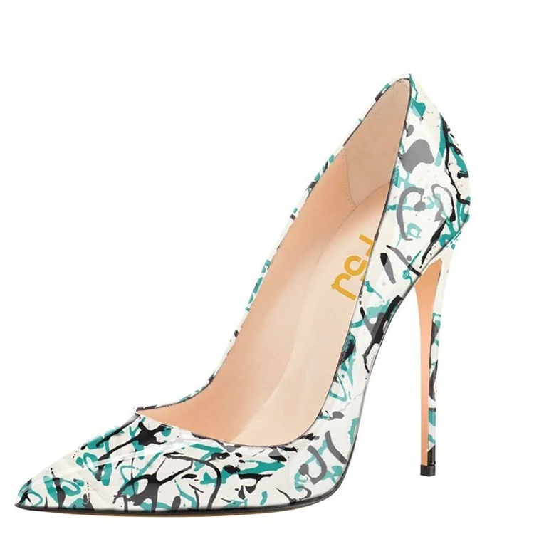 Scrawl Art Printed Floral Heels Stiletto Heel Pumps for Women |FSJ Shoes