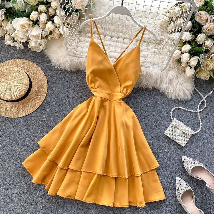 Cottagecore Fashion Open Back Spaghetti Strap Tiered Dress CF16