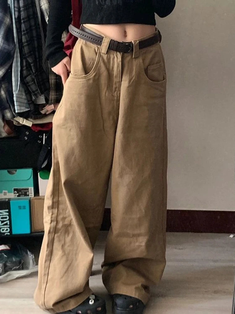 OLCooL Y2k Vintage Khaki Women's Cargo Jeans Harajuku Retro Oversize Korean Straight Wide Leg Denim Pants Hip Hop Slouchy Jeans olcool