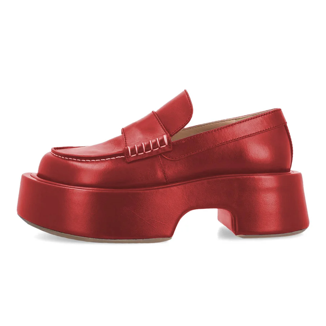 Simple Red Vegan Leather Round Toe Platform Loafers Women