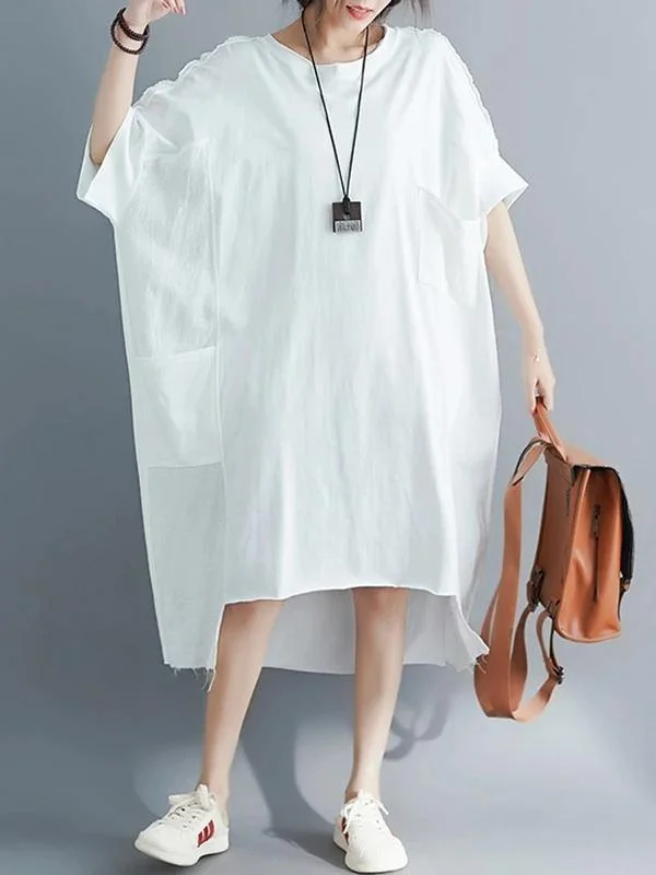 Style white cotton quilting dresses o neck low high design Dresses