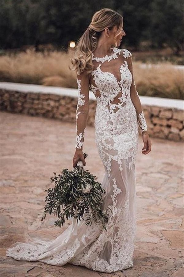 Bellasprom Sleeves Mermaid Lace Wedding Dress Long