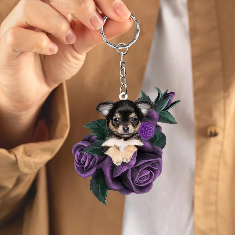 VigorDaily Chihuahua In Purple Rose Acrylic Keychain PR016