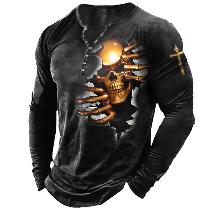Men's T-Shirt Henley Dark Skull Cross Long Sleeve Vintage Daily Tops
