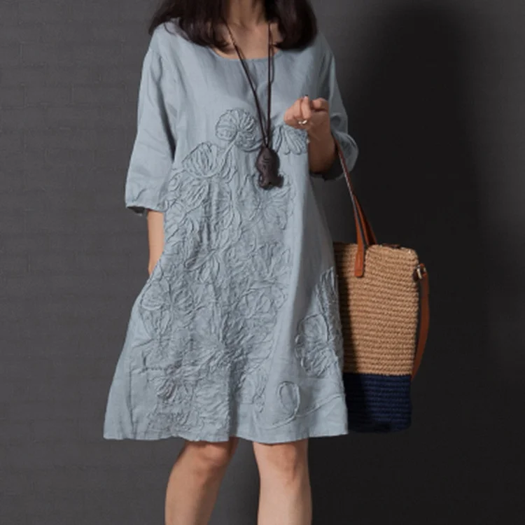 Plus Size Loose Thin Embroidered Cotton-Linen Midi Dress