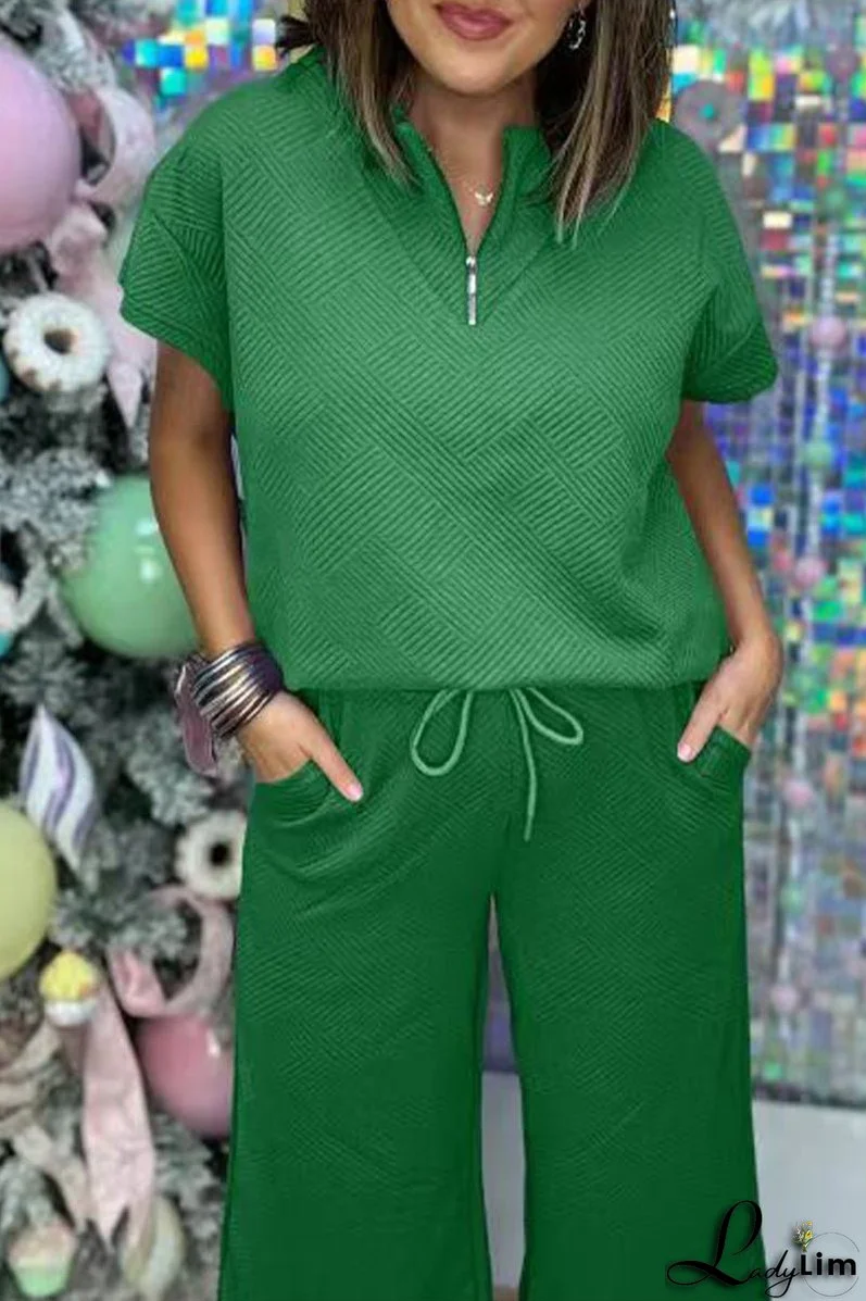 Casual Simplicity Solid Pocket Zipper Texture Turndown Collar Short Sleeve Two Pieces