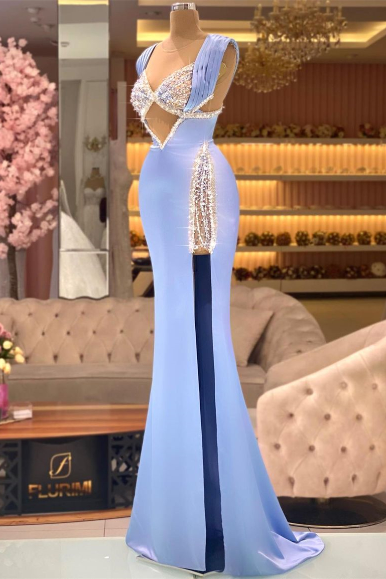 Bellasprom Blue Scoop Sleeveless Mermaid Prom Dress With High Split Sequins Beadings Bellasprom