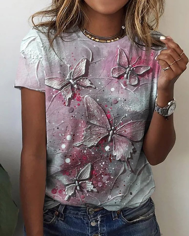 women's butterfly print crew neck casual t-shirt