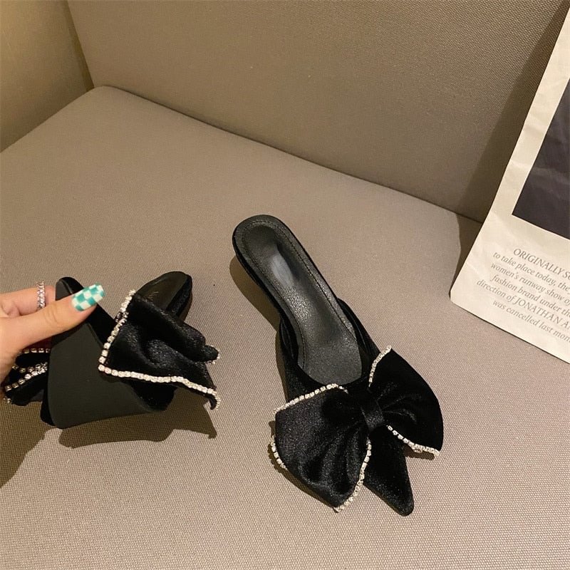 Women Sandals Stiletto Toe Box Rhinestone Bow Women 'S Pointed Toe High Heel Slippers Mules Shoes