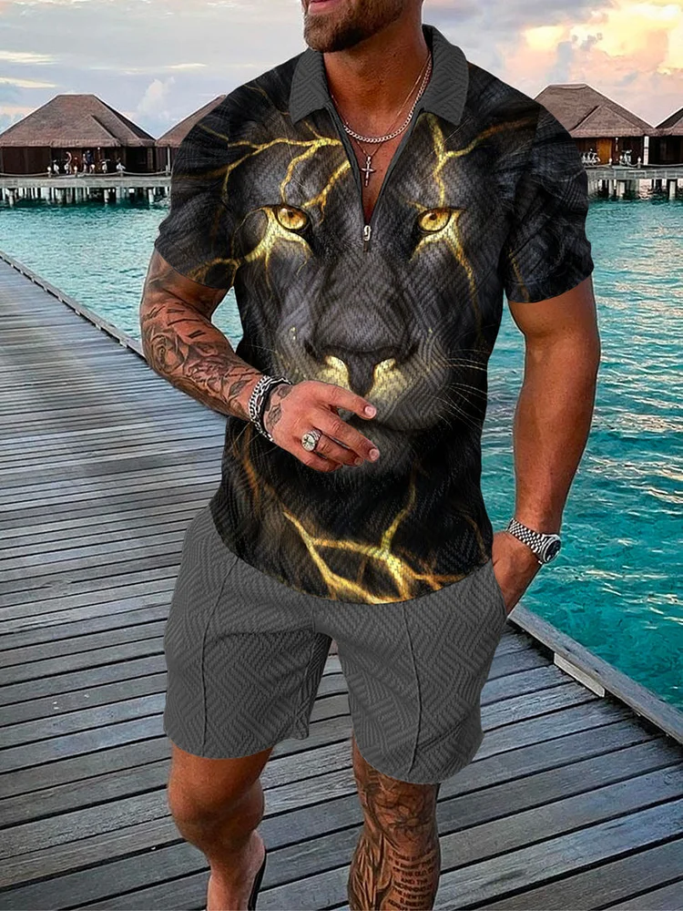 Men's Tiger Printed  Zip Polo Shirt and Shorts Two-Piece Suits