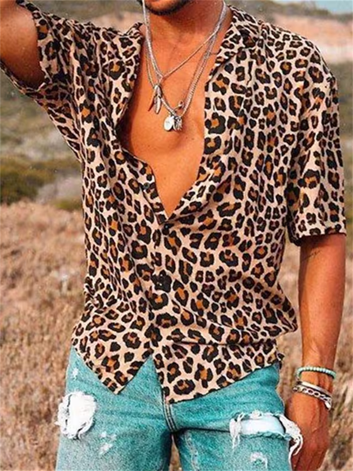 Men's Shirt Leopard Graphic Prints Turndown Brown Street Casual Short Sleeve Button-Down Print Clothing Apparel Sports Fashion Streetwear Designer