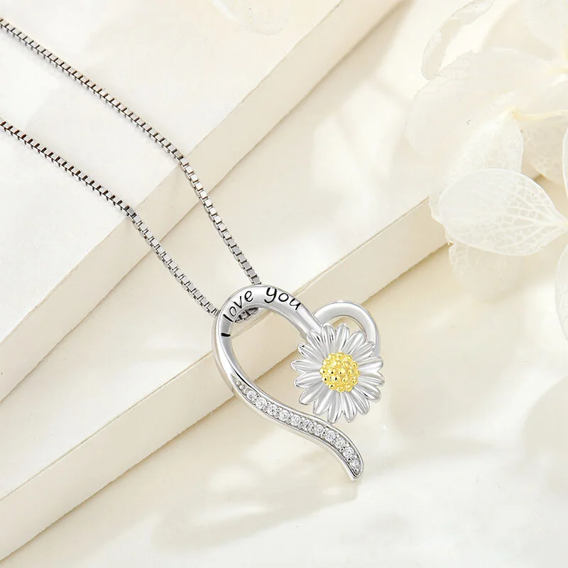 Mewaii® Heart Shape & Sunflower Pendant Silver Jewelry S925 Sterling Silver Clavicle Necklace