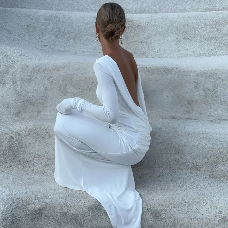 Brownm Brownm Autumn New Sexy Big Show Back Solid Color High Waist Temperament Slim Long Sleeve Dress Female