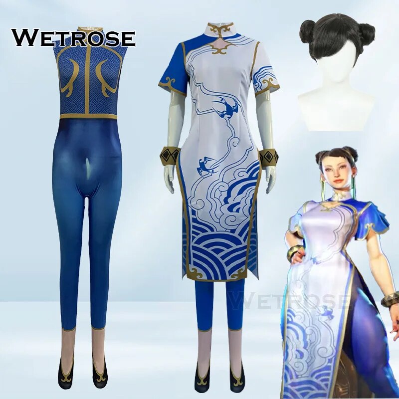 [Wetrose] In Stock Chunli Cosplay Costume Street Fighter 6 SF 2023 Chun Li Qipao Cheongsam Bodysuit Full Set Wig Halloween Xmas