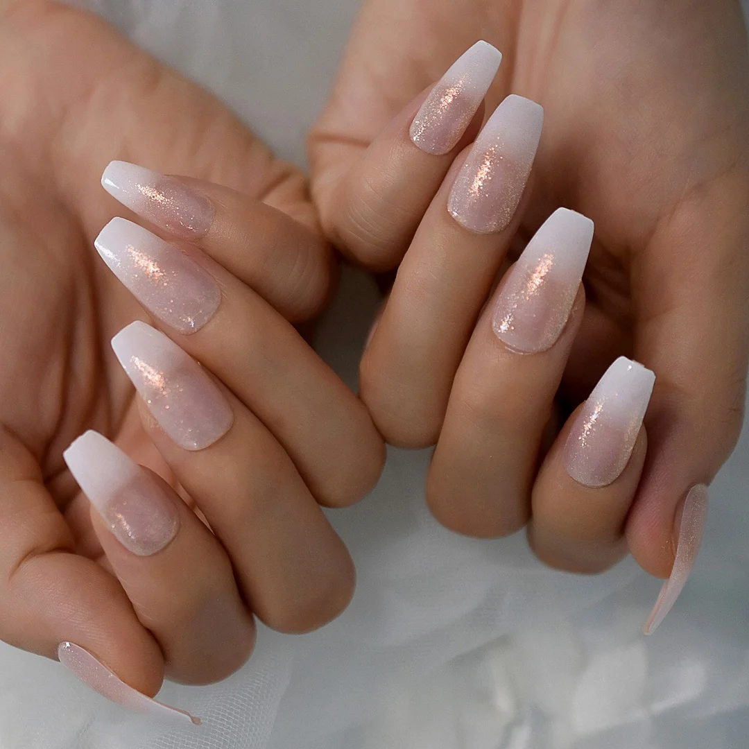 Gray Fadeing Glossy Press On Nails Almond Sharp Medium-Long Simple Design Gels Nails Supplies Full Cover Fingernails Wholesale-Nail Inspo