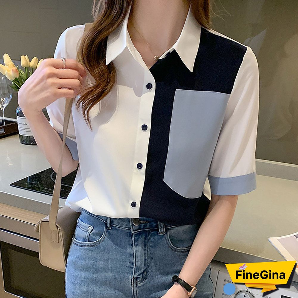Vintage Pocket Colorblock Blouse Workwear