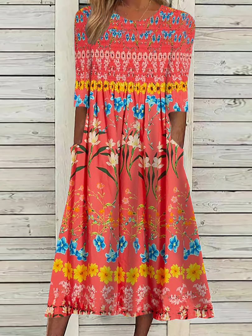 Women Half Sleeve V-neck Solid Color Dress