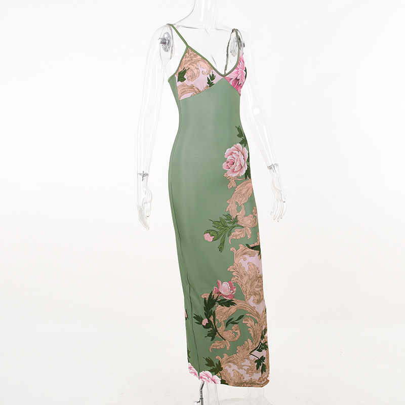 Ootddress Printed Slim Halter Dress Female Casual Backless Summer V-Neck Maxi Dress Elegant Fashion Sleeveless Women Party Dress