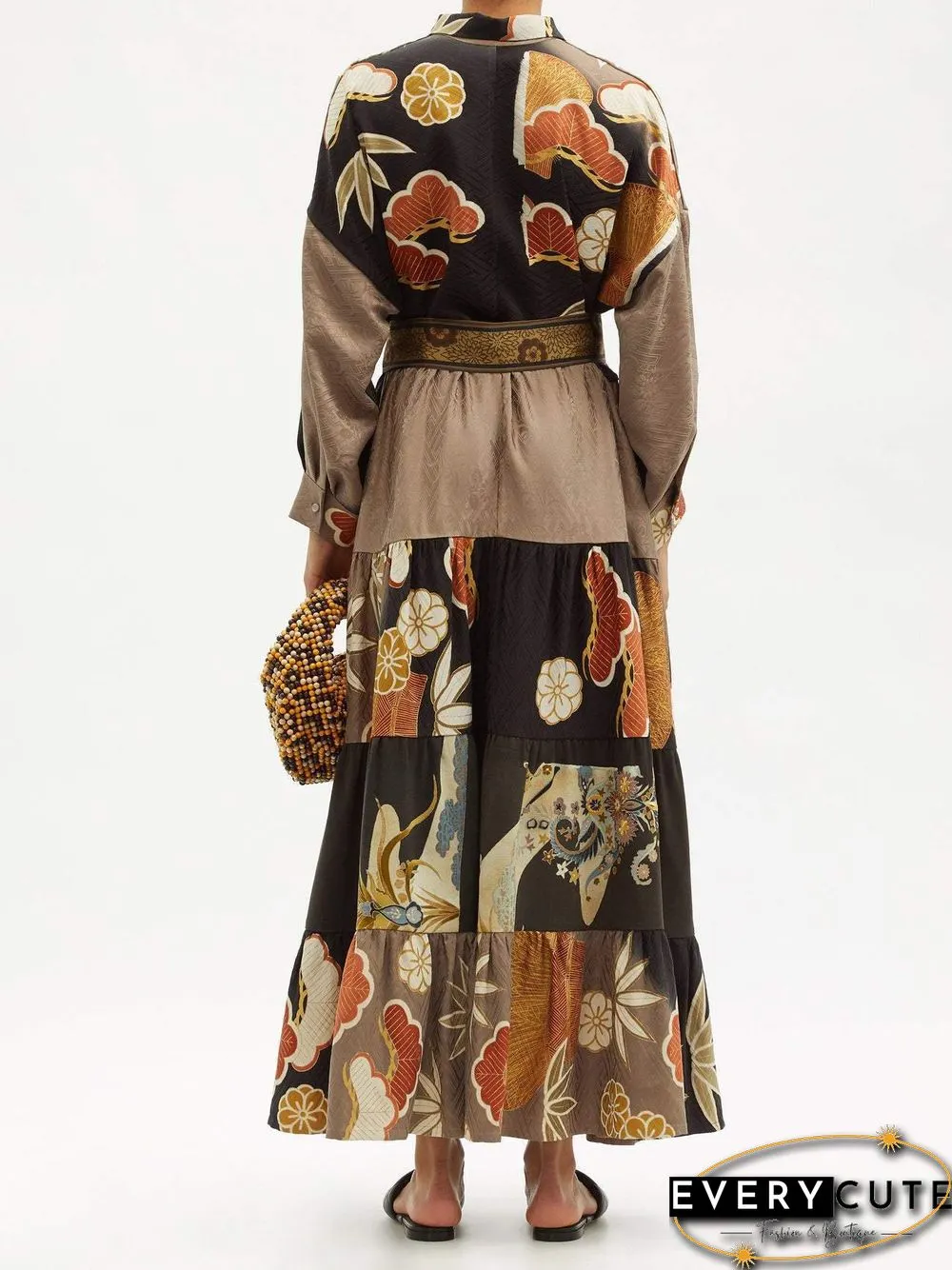 Lapel Pattern Joint Women Casual Long Dress