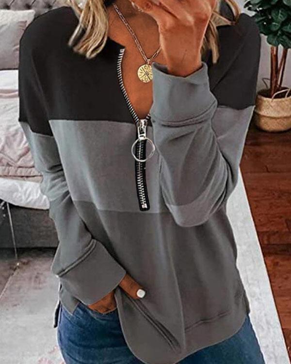 Color Block V-Neck Zipper Long Sleeves Sweatshirt Pullover - Chicaggo