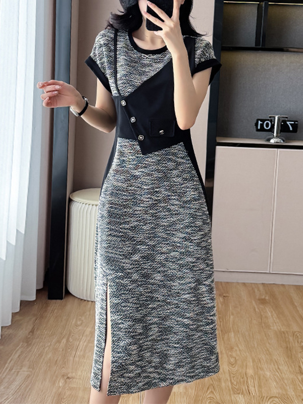 Houndstooth Pattern Patchwork Short Sleeve Side Split Midi Dress
