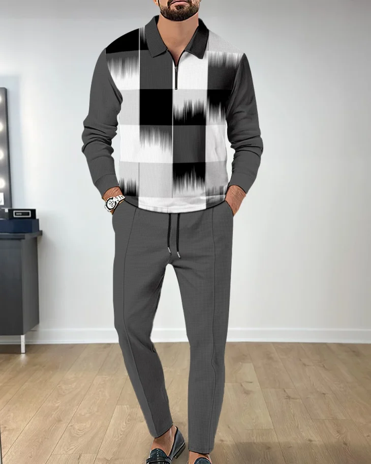 Men's Casual Colorblock Personalized Long Sleeve Polo Shirt Set 134