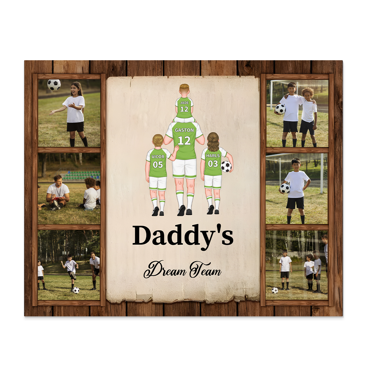 Personalised Soccer Team Wooden Plaque Custom 2 Texts & 6 Photos & 2–9 Names Football Home Decor Gifts for Dad/Grandpa-Jessemade AU