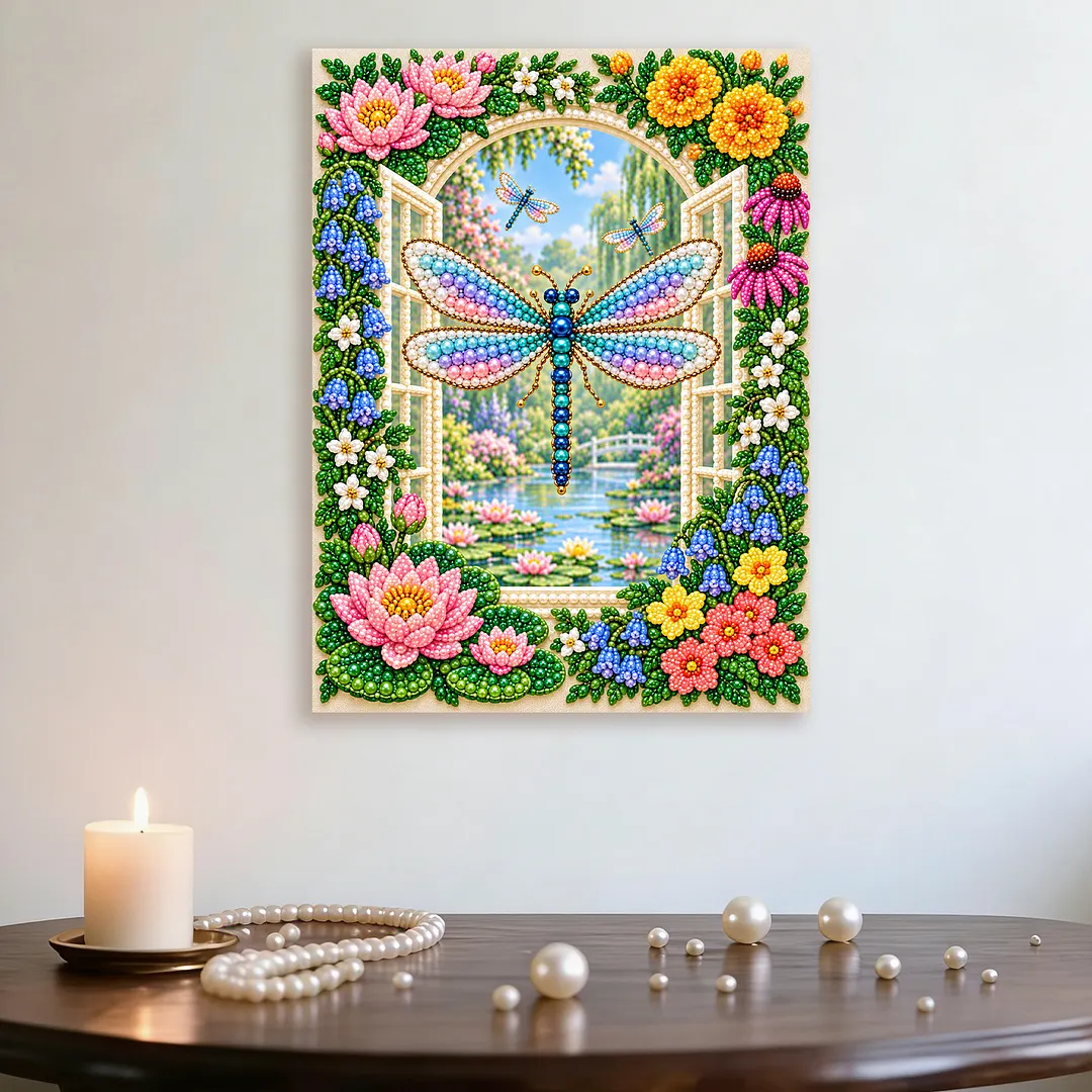 Framed Pearl Painting Kit Dragonfly Flowers 30x40cm