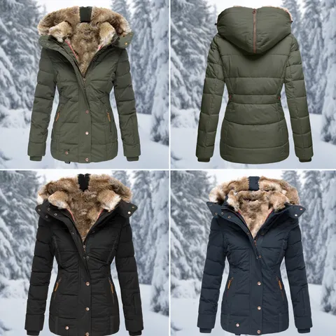 Winterjacken mit pelzgefütterten Kapuzen in Grün, Schwarz und Marineblau, ideal für kaltes Wetter.