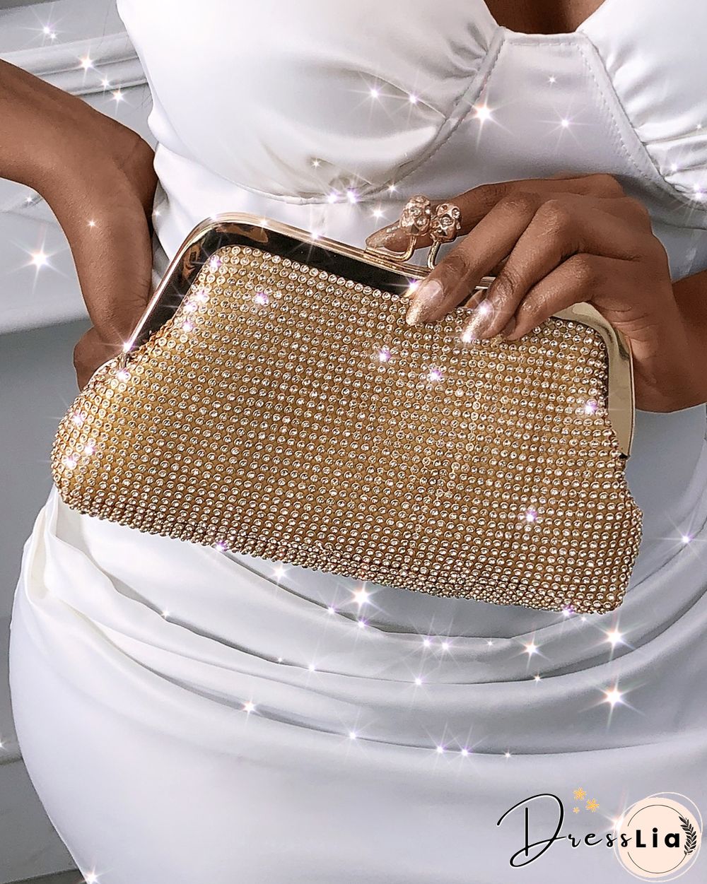 Metal Lock Studded Evening Clutch Bag