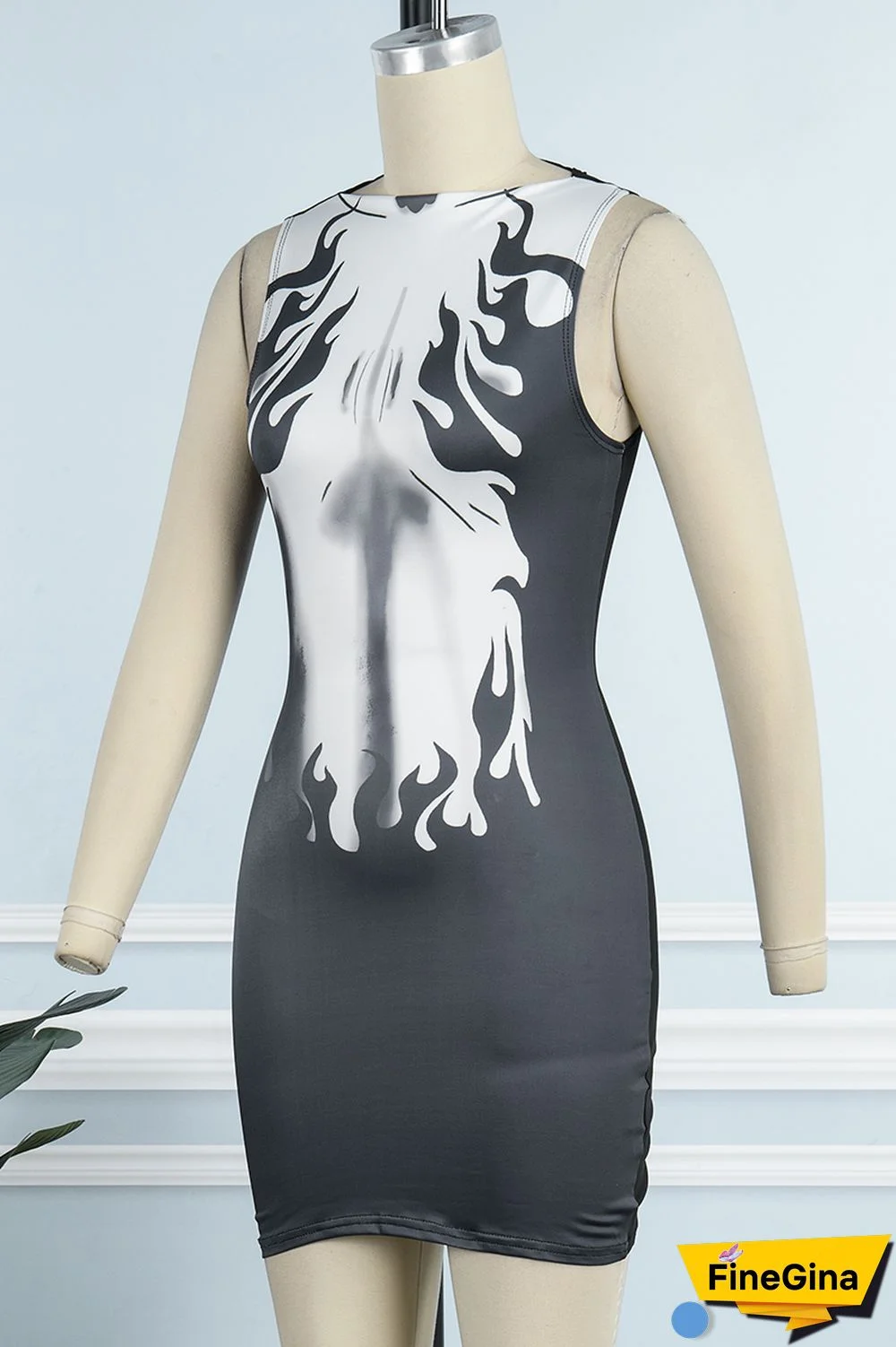 Black Sexy Print Basic O Neck Sleeveless Dress Dresses