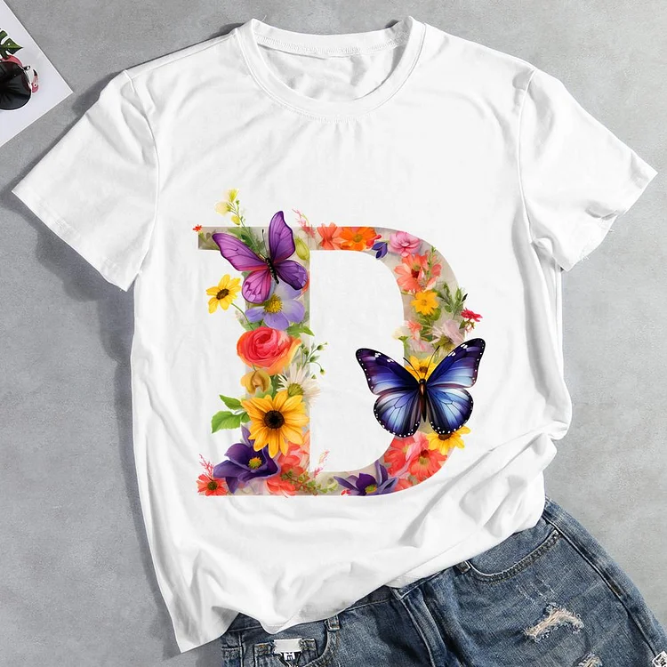 Butterfly Alphabet D Round Neck T-shirt