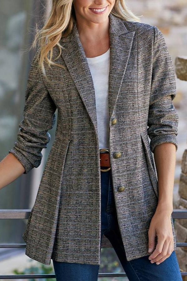 Urban Lapel Plaid Ruffled Hem Button Blazer