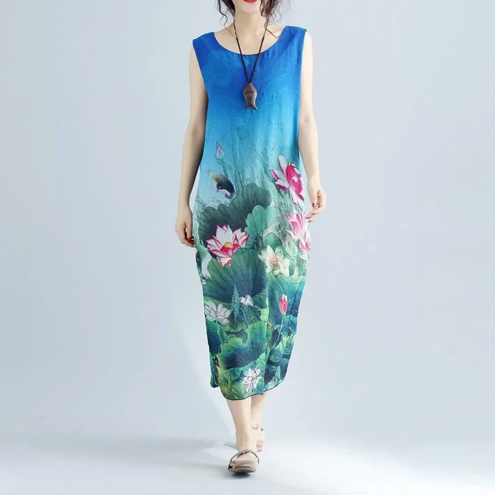 fine blue floral long cotton dress plussize sleeveless long cotton dresses boutique side open cotton clothing dresses