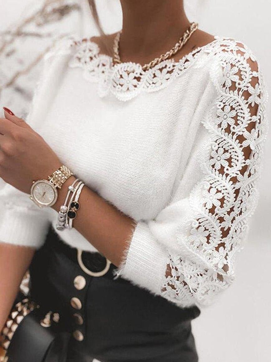 Women's Fashion Solid Round Neck Shift Floral Guipure Lace Sleeves Sweaters