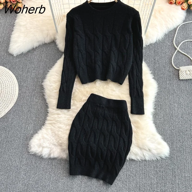 Woherb Women Dress Set 2023 Autumn Winter Fashion Long Sleeve Knitted Tops + Slim Skinny Mini Skirts Korean Two Piece Suits