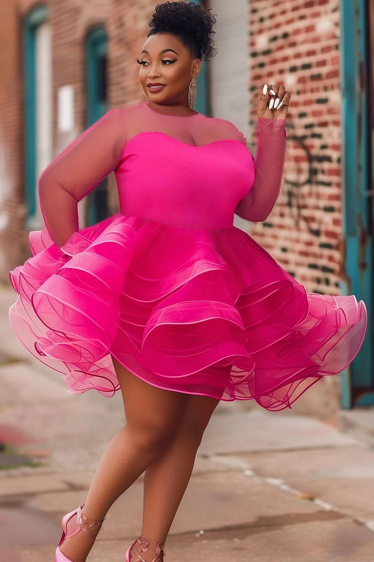 Xpluswear Design Plus Size Party Hot Pink Round Neck Long Sleeve See Through Tulle Mini Dresses [Pre-Order]