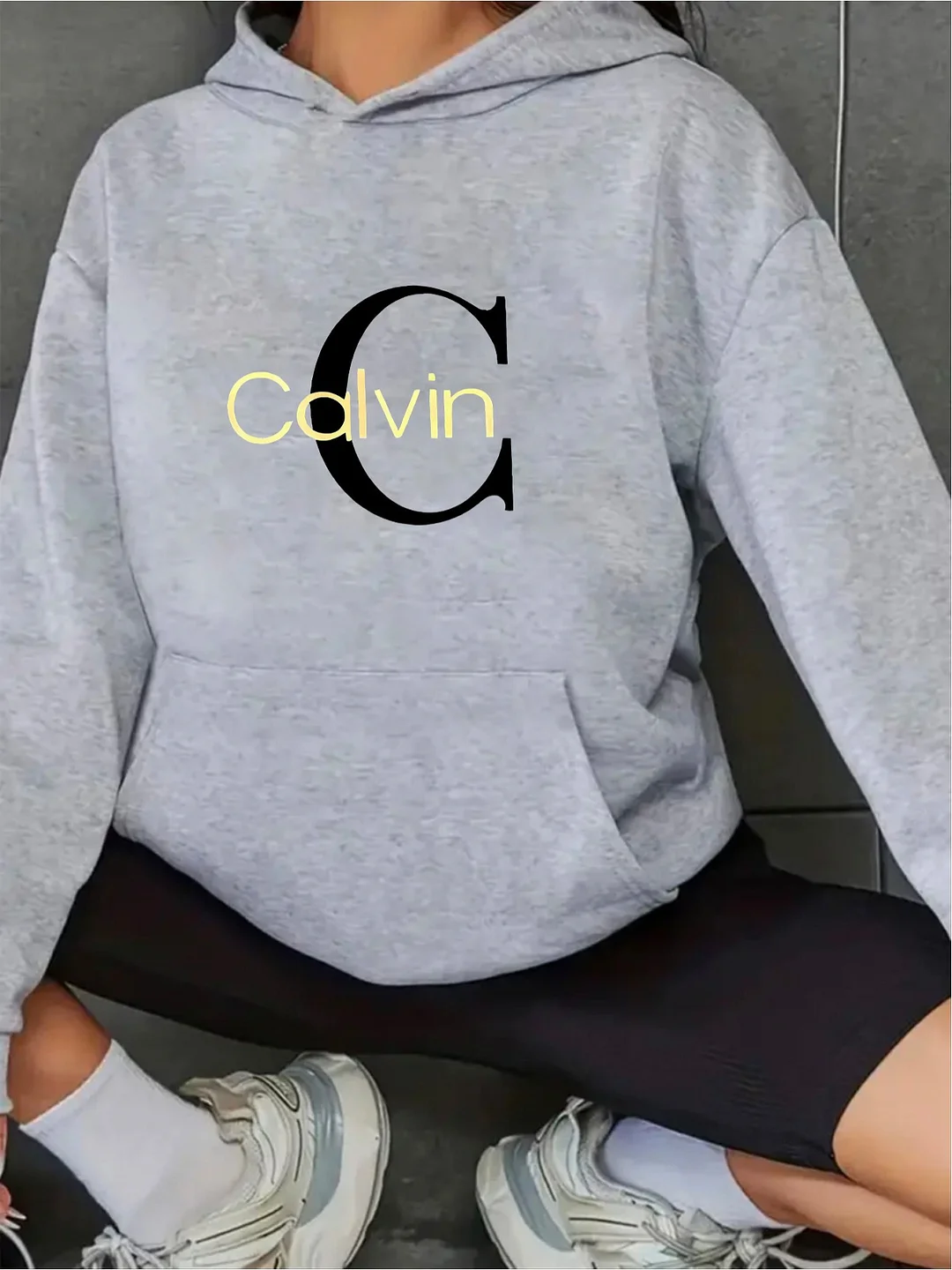 Women's Oversized 'c' Letter Graphic Hooded Sweatshirt - Black With Yellow Print, Drop Shoulder & Kangaroo Pocket, Long Sleeve Casual Pullover, Machine Washable For Spring Summer | IFYHOME