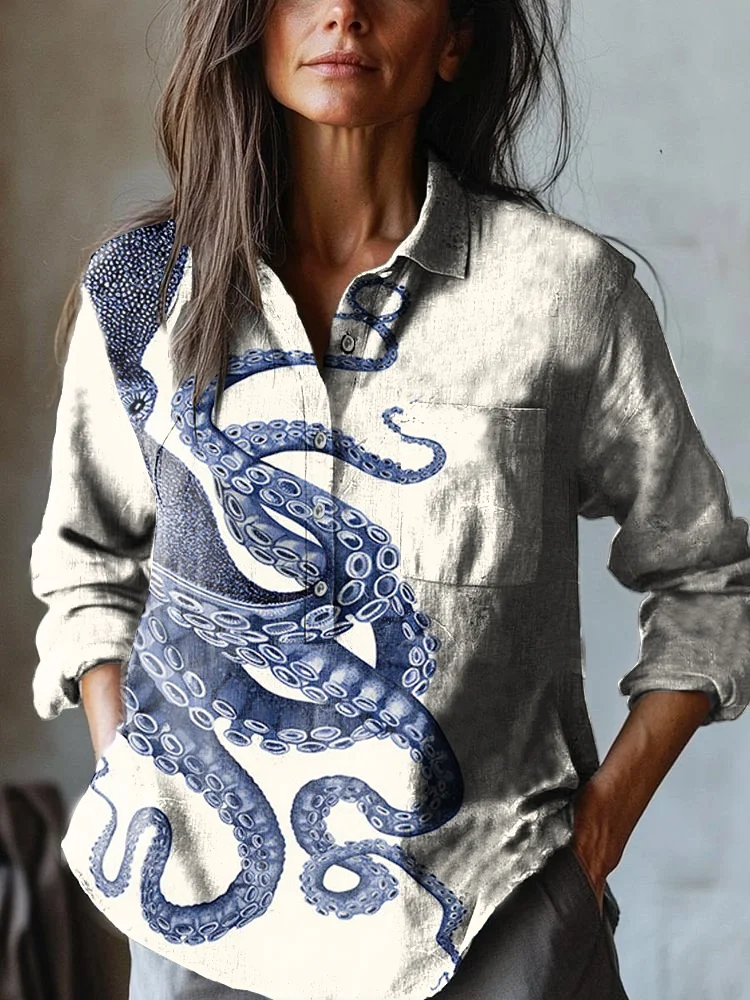 Women's Japanese Octopus Art Print Casual Cotton and Linen Shirt