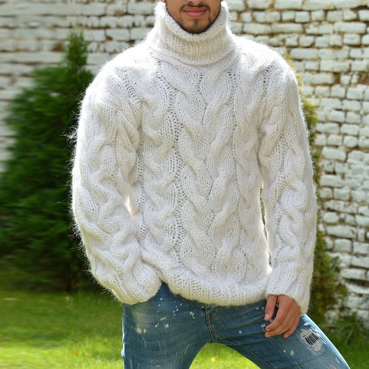 BrosWear Snow White Fuzzy Turtleneck Mohair Sweater
