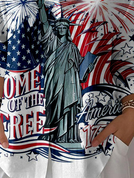 Women 3/4 Sleeve Shirt Collar National Flag Printed Graphic Button Tops